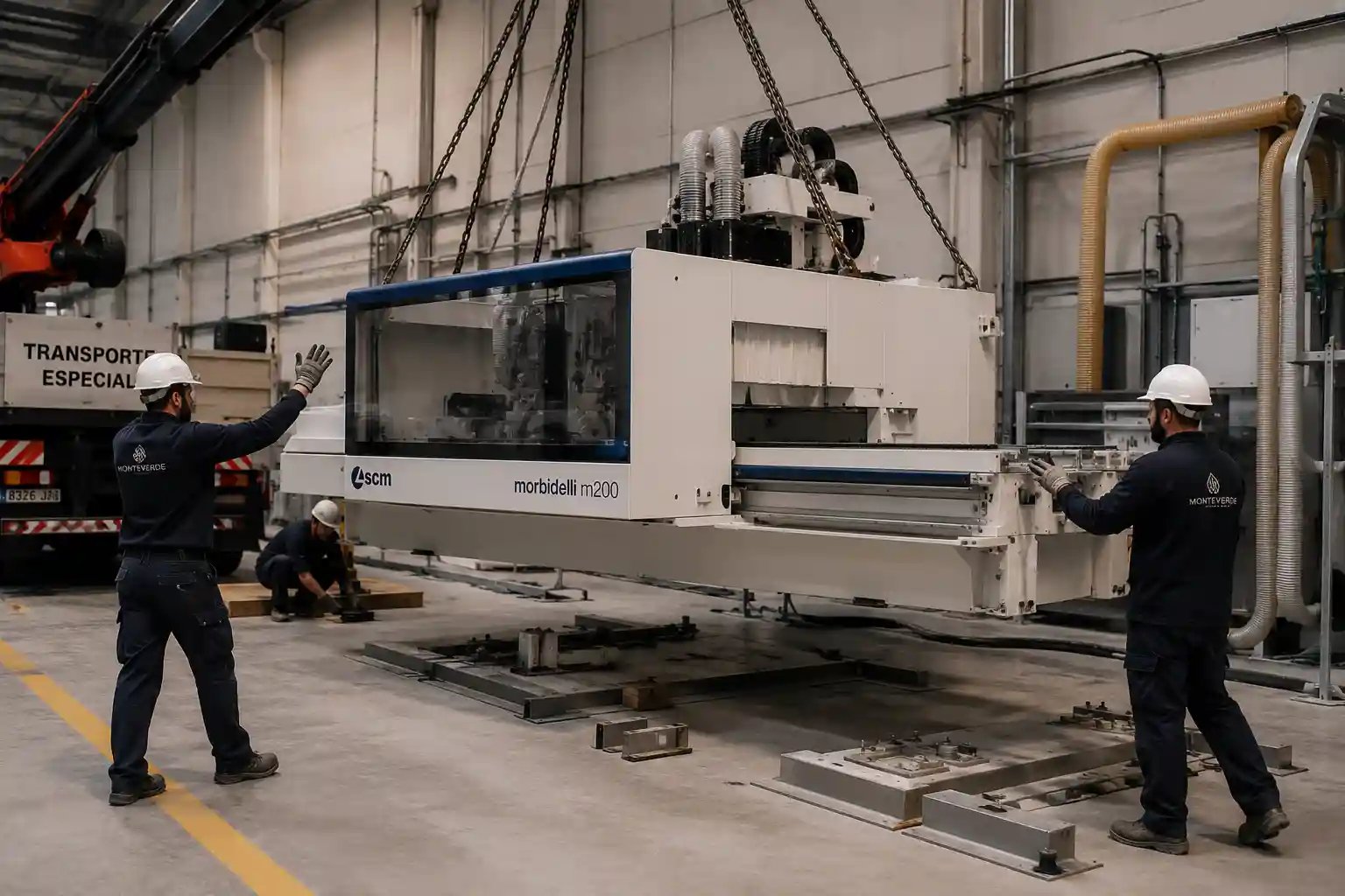 Transporte e instalación de maquinaria industrial para madera en fábrica Monteverde equipamientos